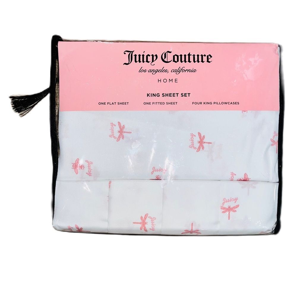 **SOLD** Juicy Couture Home 6 Piece King Size Sheet Set Pink Bee & Dragonfly - Picture 2 of 14